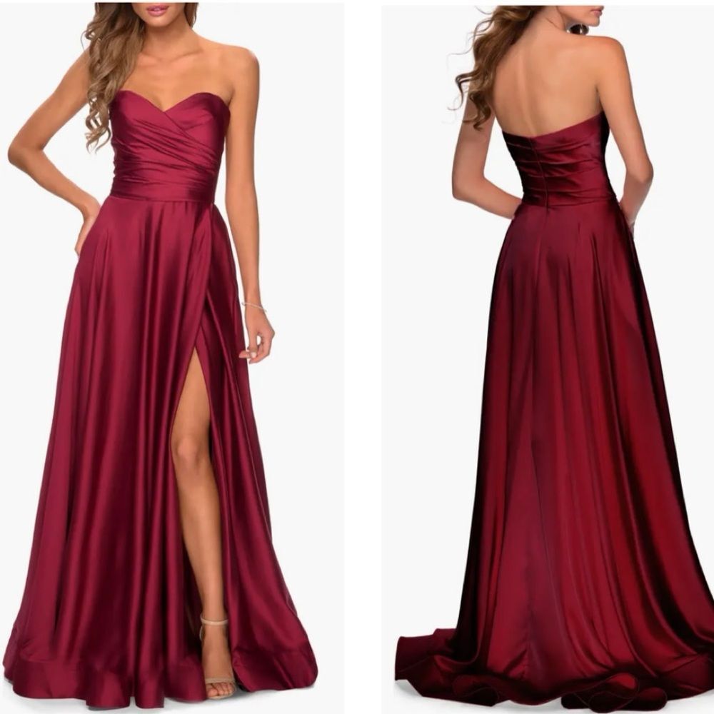 La Femme Strapless Burgundy Satin Maxi Gown with Thigh Slit